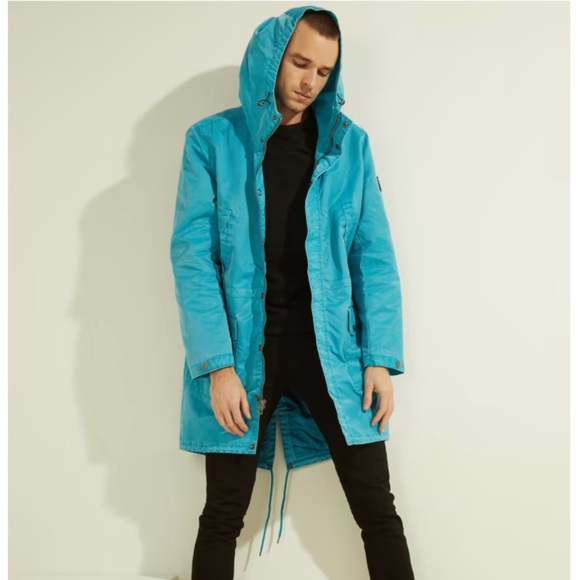 Guess Men’s Fluid Nylon Parka Coat Jacket Size XXL Blue Shore Zip Snap Hoodie - Picture 4 of 16